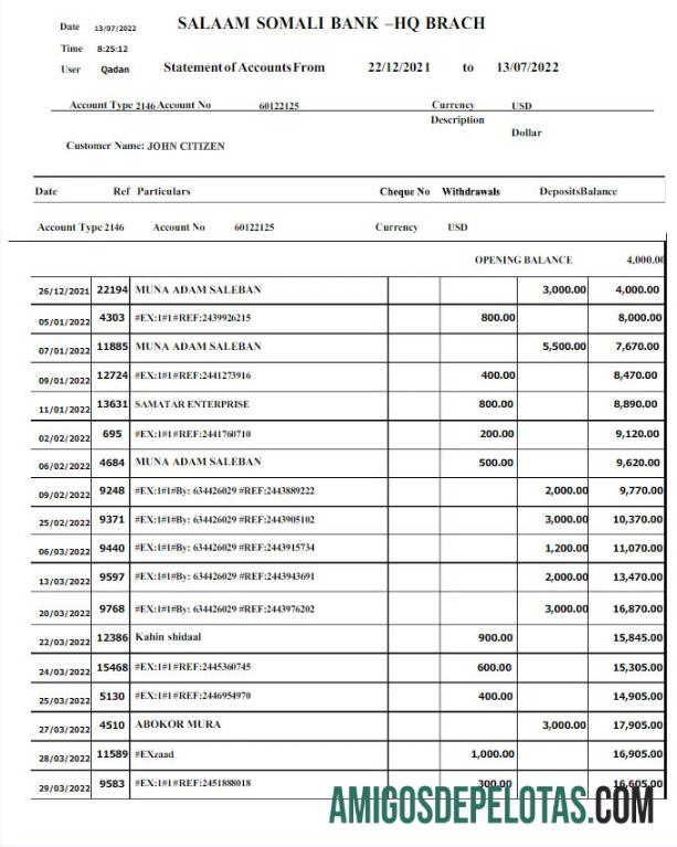 SOMALI SALAAM SOMALI Extrato bancário modelo Word e PDF para download